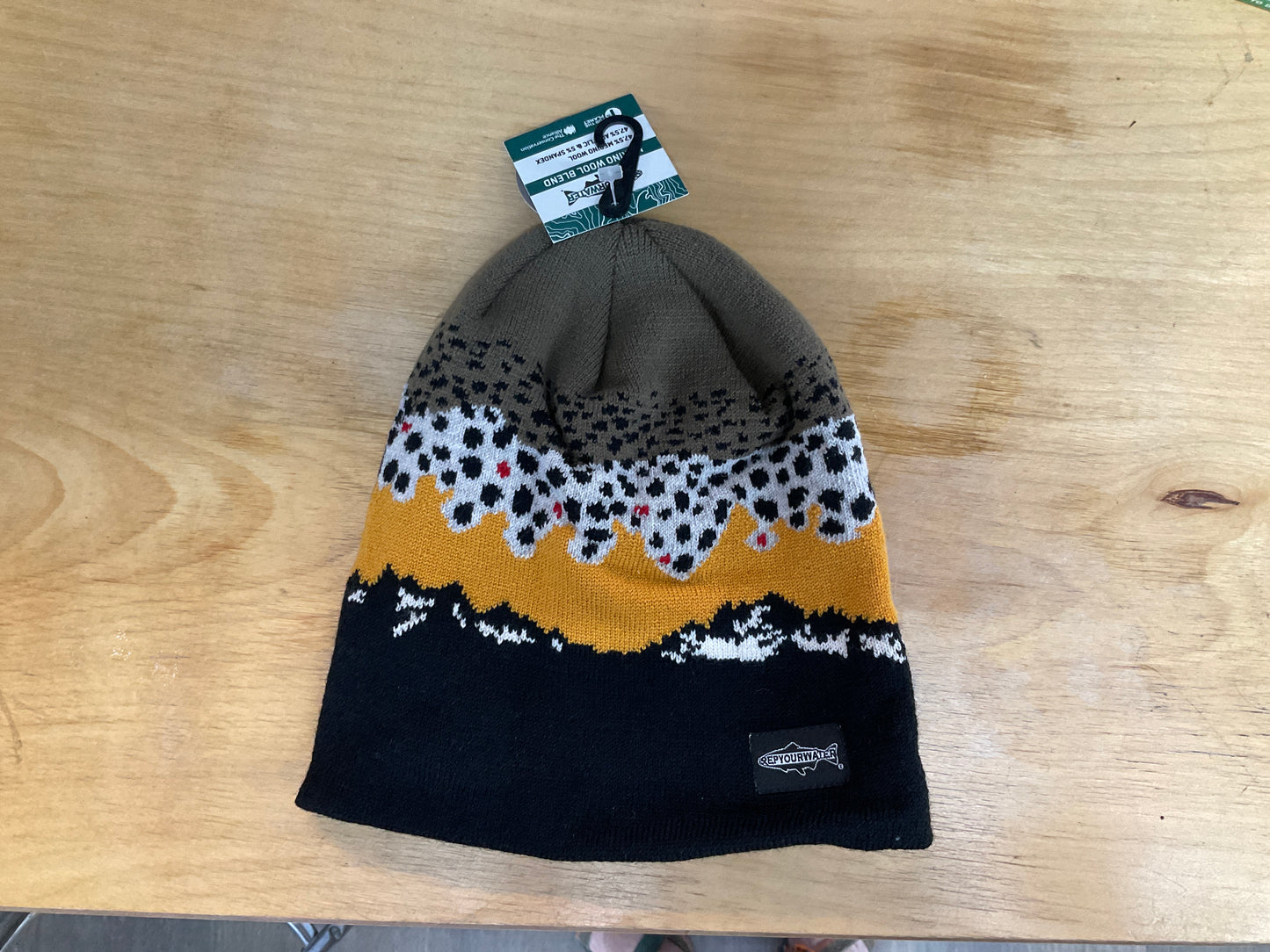 Rep Your Water Knit Hat Merino Blend Skull Cap Brown Trout Mountains