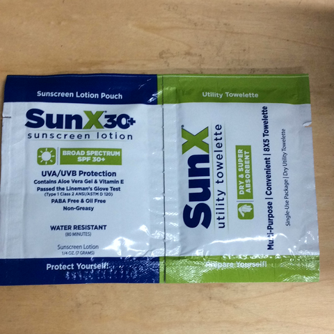 Sun X sunscreen and utility cleaning towelettes